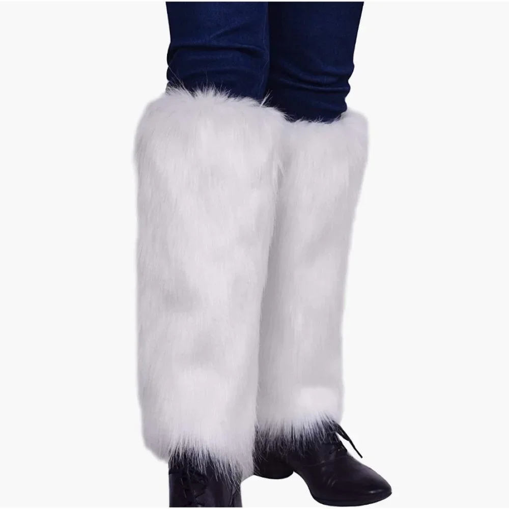 Tall White Fuzzy Faux Fur Long Cuff Ankle Boot Covers‎ Leg Warmer Socks
